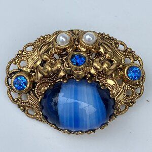 German Blue Rhinestone Givré Glass Cabochon Pearl Brooch